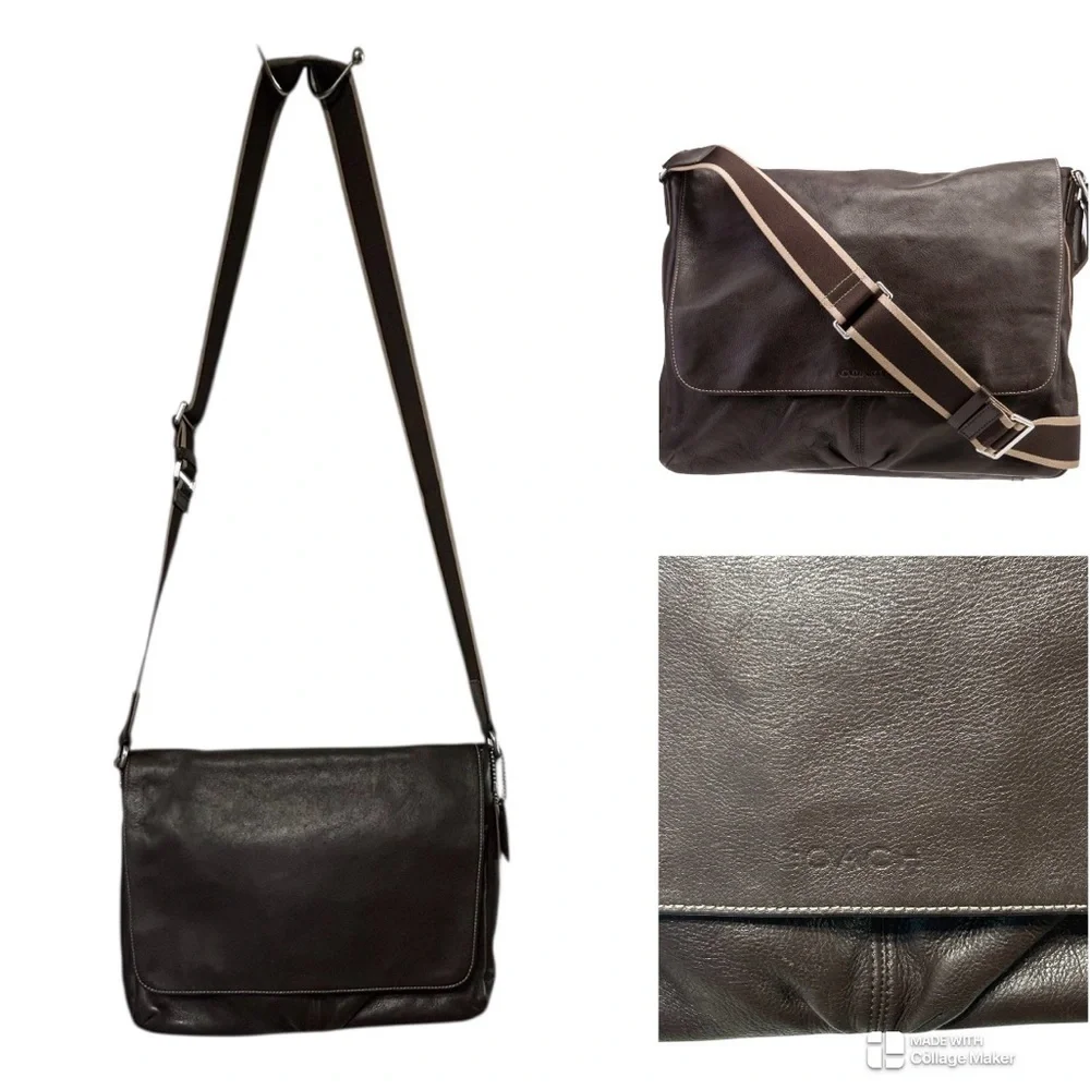 Coach Men's Heritage Web Brown Leather Messenger Bag with Adjustable Strap